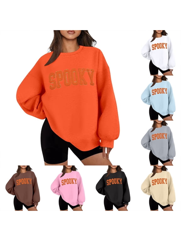 Halloween Sweatshirts for Women Crewneck Trendy Halloween Shirts Women Spooky Season Pumpkin Ghost Cotton Sweater Long Sleeve Pullover Top Halloweens Outfits