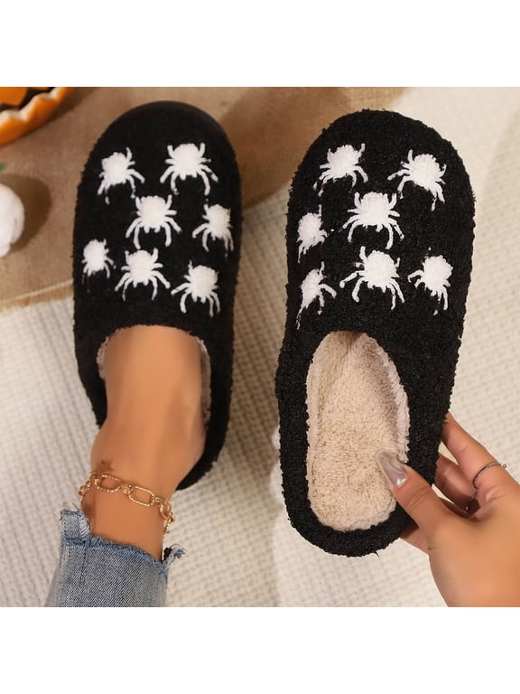 Halloween Women's Fuzzy Scuff Slippers Bow Pumpkin Embroidered Non- Gothic Shoes Knit Memory Foam Soft Plush Fuzzy Lined House Shoes Indoor and Outdoor