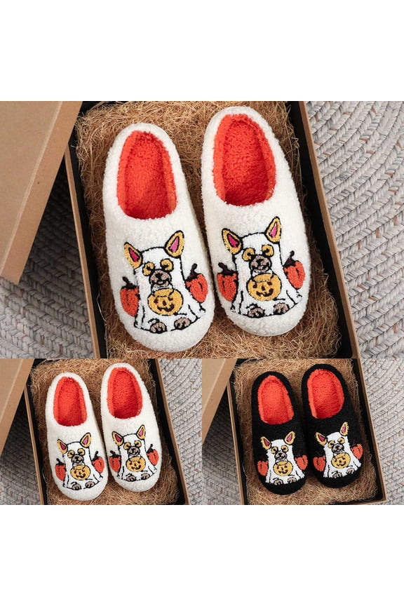 Halloween Women's Slippers Soft Plush Cozy Jack O Lantern Pumpkin Winter Holiday Shoes Memory Foam Non-Slip Flat Slides Lined House Slippers Indoor Outdoor Halloweens Couples Gifts