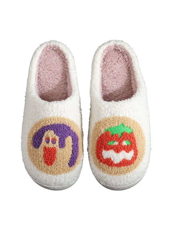 Halloween Womens Fuzzy Slippers Soft Plush Cozy Cute Cartoon Spooky Shoes Closed Toe Memory Foam Anti-Skid Warm Lining House Slippers Indoor Outdoor Halloweens Couples Gifts