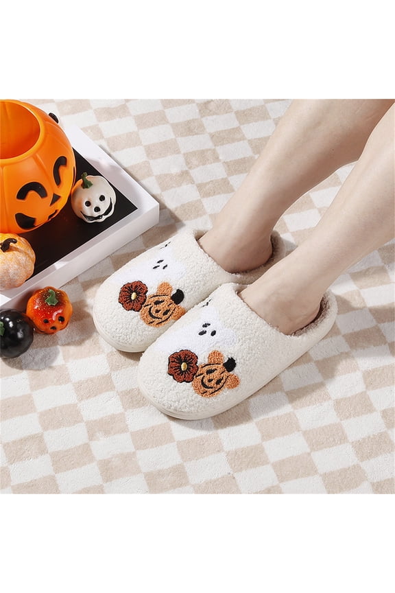 Halloween Womens House Slippers Halloween Pumpkin Anti-Skid Winter Holiday Shoes Knit Memory Foam Elastic Comfy Retro Warm Lining Halloweens Gifts for Him
