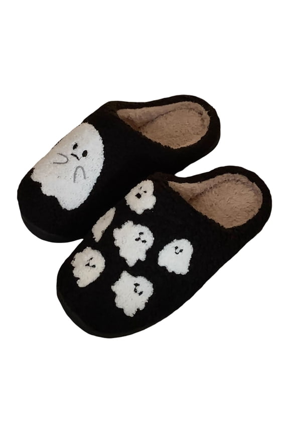 Halloween Womens Slippers Size 9 Soft Plush Spooky Pumpkin Ghost Flat Slides Shoes Knit Memory Foam Orthopedic Slip on Warm Lining Mens House Shoes Indoor Outdoor Halloweens Gifts for Women