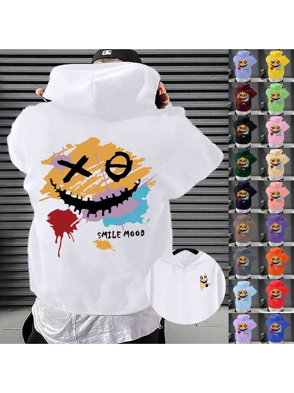 Hoodies for Men Smile Mood Graffiti Face Print Drawstring Hoodie Long Sleeve Pullover Kangaroo Pocket Hop Streetwear Casual Daily Cold Weather Layering Top
