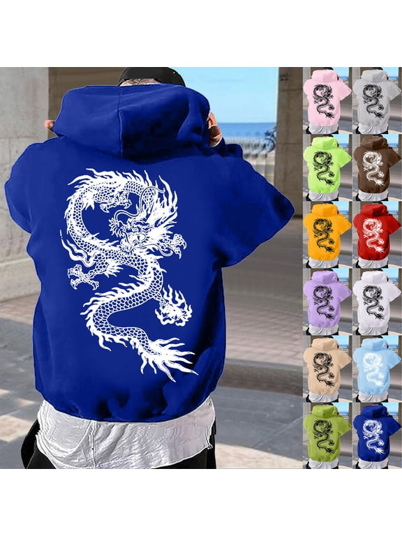 Hoodies for Men Traditional Chinese Dragon Back Print Drawstring Hoodie Long Sleeve Pullover Oriental Streetwear Casual Cold Weather Daily Layering Top