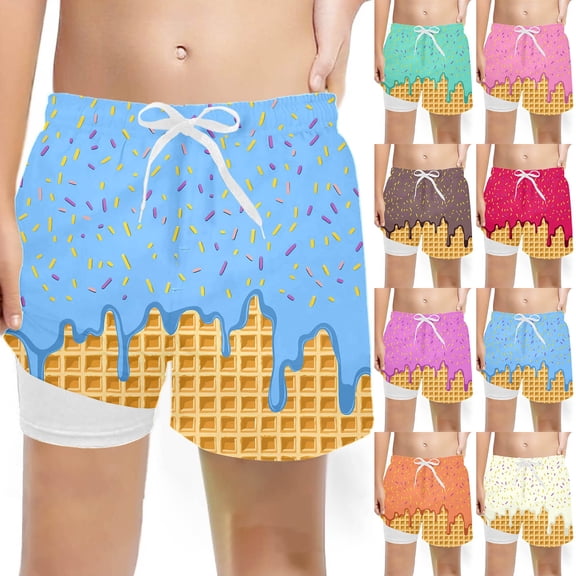 ibiyuan Ice Cream Boys Swimsuit with Compression Boxer Liner Bathing Suit Drawstring Waist Beach Board Shorts Lightweight Cute Print Beach Boards Swimsuits