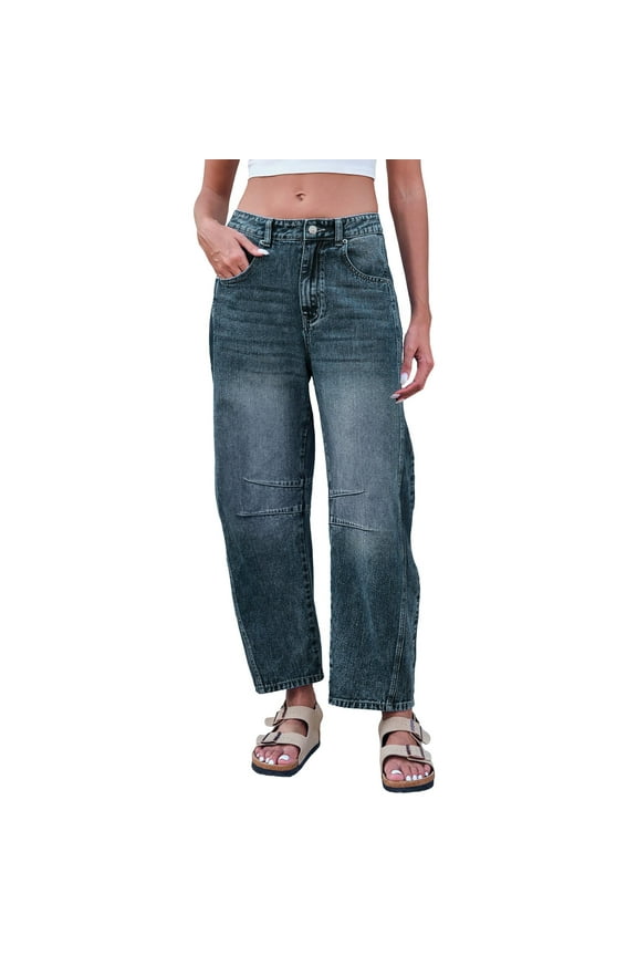 Jeans for Women Plus Size Mid Rise Barrel Jeans For Women Wide Leg Mid Waist Cropped Denim Pants Baggy Boyfriend Jeans With Pockets,Blue