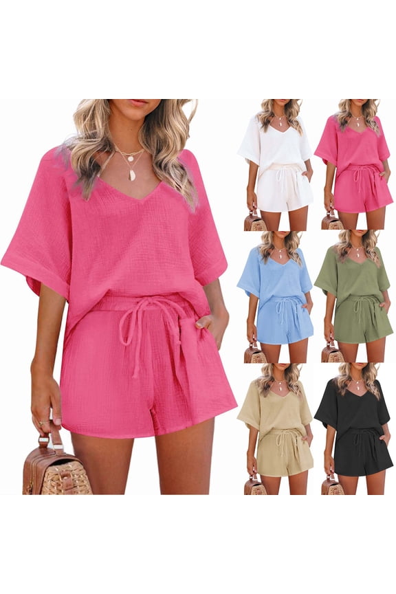 Jogger Sets For Women 2 Piece Women's Linen Suit Set V-Neck Vest and Pocket Shorts Loose Fit Solid Summer Outfit