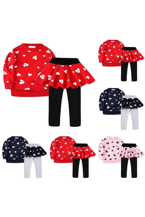 Kids Clothes Outfits Toddler Little Girls Valentine's Day 2 Piece Outfit, Heart Print Sweatshirt Top Long Pantskirt Casual Playwear