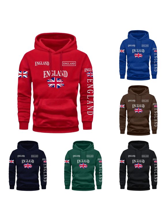 Men England Union Jack Flag Graphic Drawstring Hoodie Long Sleeve Pullover Kangaroo Pocket Patriotic Casual Street Top for Travel Sports Daily Cold Weather Layering