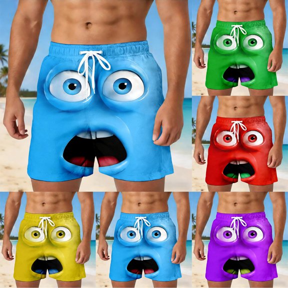 ibiyuan Men Swim Trunks 5 Inch Funny Cartoon Face Print Quickdry Running Board Shorts Drawstring Waist Mens Bathing Suits Surf Swimwear