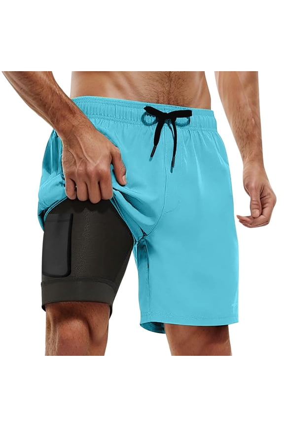 Men Swim Trunks Board Shorts with Compression Boxer Liner Quick Dry Mens Bathing Suits 2 In 1 Bathing Shorts Zipper Pockets Comfortable Printed Men's Swimwear,Light Blue-E