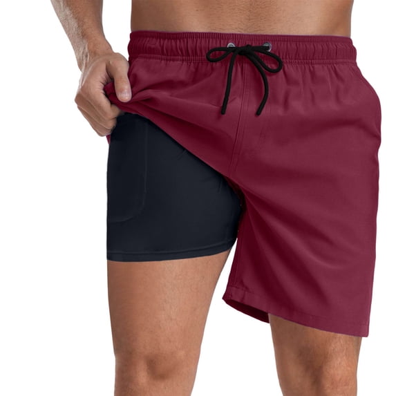 ibiyuan Men Swim Trunks with Compression Liner Quick-Dry Bathing Suit Drawstring Board Shorts with Pockets Breathable Hawaiian Print Beach Swimsuit Swimwear,Brick Red-g