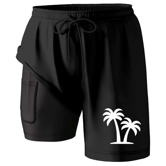 ibiyuan Men Swim Trunks with Compression Liner Quick Dry Mens Bathing Suits Drawstring Waist Beach Board Shorts Zipper Pockets Stretch Cute Print Beach Surf Swimwear,Black-G