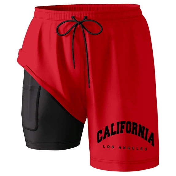 ibiyuan Men Swim Trunks with Compression Boxer Liner Quick Dry Bathing Suit 2 In 1 Bathing Shorts Zipper Pockets Soft Cute Print Beach Swimwear,G-Red