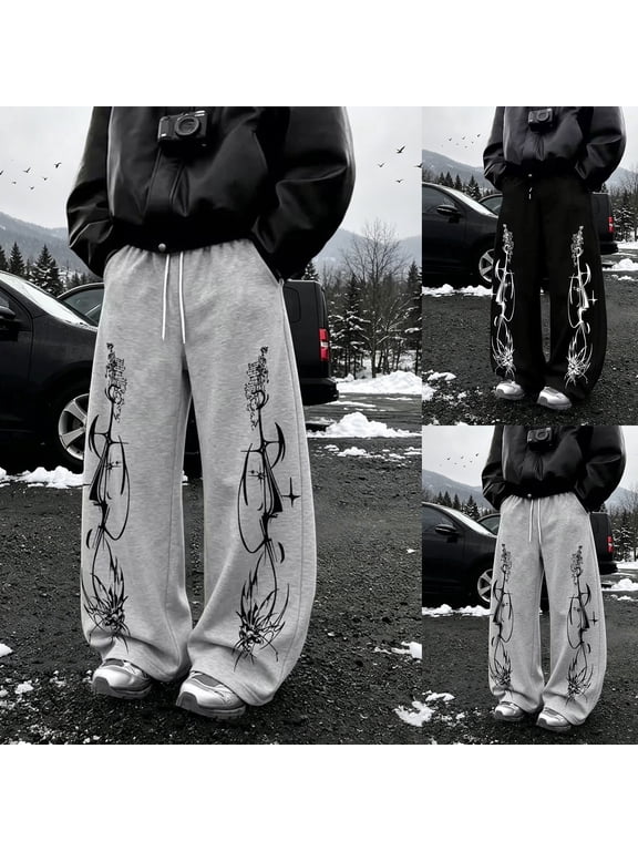 Men's Baggy Sweatpants Y2k Wide Leg Drawstring Waist Emo Pants Vintage Gothic Streetwear