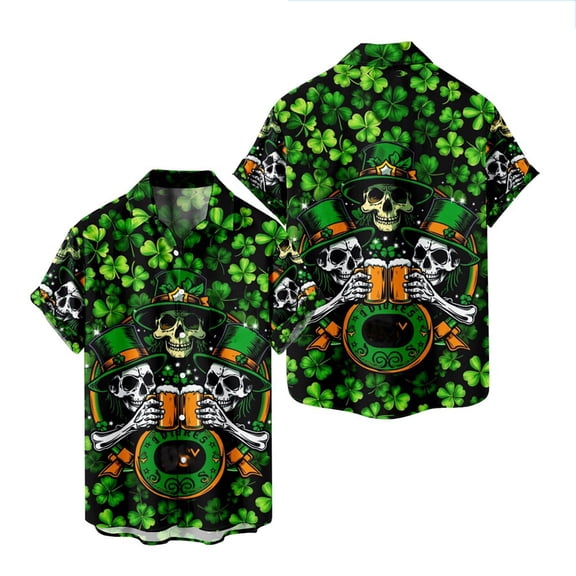 ibiyuan Mens Beach Shirts St Patrick's Day Hawaiian Print Short Sleeve Green Button Lapel Basic Tees Summer Outfits 2026