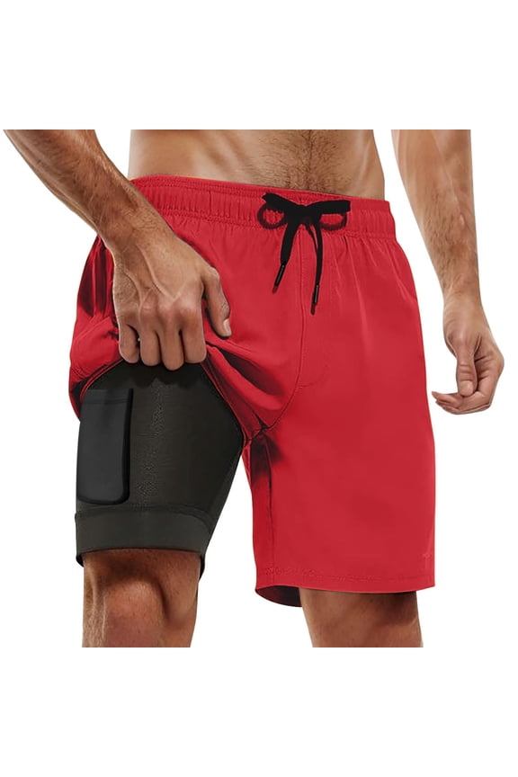 Men Swim Trunks with Mesh Lining Quick Dry Mens Bathing Suit Drawstring Beach Board Shorts with Pockets Stretch Colorful Beach Swimwear,Red-E