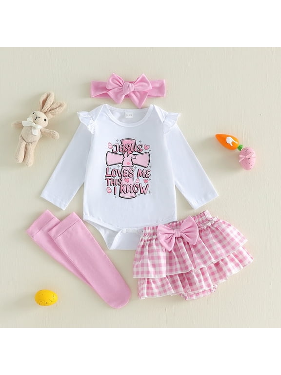 Newborn Clothes Outfits Baby Girls Easter 4 Piece Coordinated Outfit, Print Plaid Tiered Long Sleeve Romper Dress, Matching Headband Socks Back To School Clothes