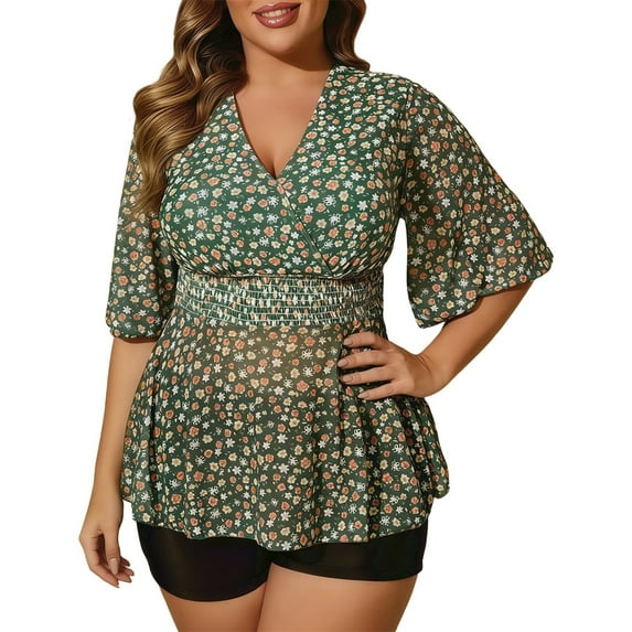 ibiyuan Plus Size Swimsuit Cover Up Two Piece Tummy Control Bathing Suit with Athletic Pockets Swim Shorts Swimwear Floral Print 2 Piece Swimsuit for Women,Green