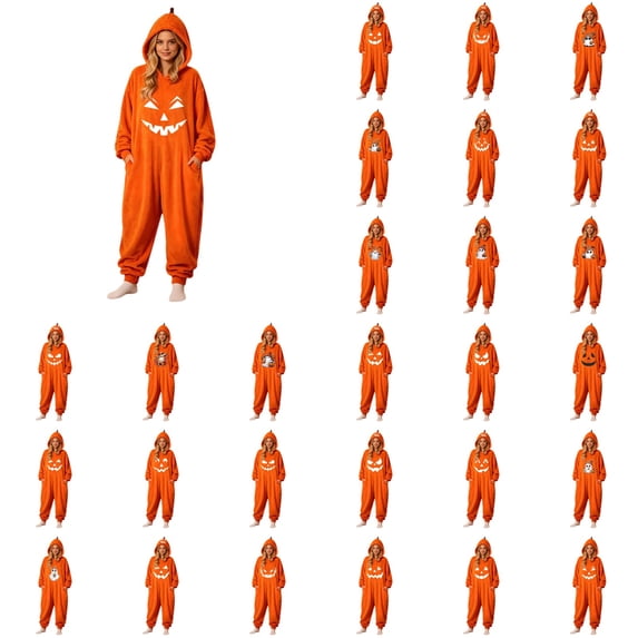 ibiyuan Pumpkin Jack O Lantern Hooded Outfit Adult Plush Halloween Pumpkin Pajamas with Hood One Piece Jumpsuit