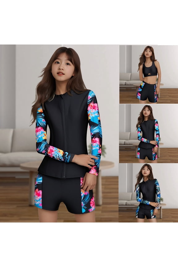 Ruffle Butts Girls Swimsuits 3 Pieces Bathing Suit Spaghetti Strap Cute Printed Bikini Set Soft Ribbed Tankini with Shorts Swimwear with Cover Up Skirt