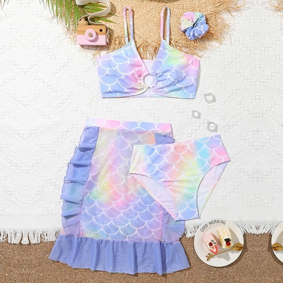 ibiyuan Ruffle Girls Swimsuits 3pcs Ruffle Bathing Suit Adjustable Straps Cute Pattern Print Bikini Set Stretchy Ruched Side Tankini with Shorts Swimwear with Cover Up Skirt