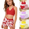 thumbnail image 1 of ibiyuan Ruffle Girls Swimsuits 3pcs Bathing Suit Adjustable Strap Ruched Color Block Girls' Swimwear Bikini Quick Dry Ruffle Ruched Tankini for Girls Girls' Swimwear with Print Shorts, 1 of 9