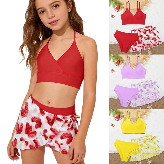 ibiyuan Ruffle Girls Swimsuits 3pcs Bathing Suit Adjustable Strap Ruched Color Block Girls' Swimwear Bikini Quick Dry Ruffle Ruched Tankini for Girls Girls' Swimwear with Print Shorts