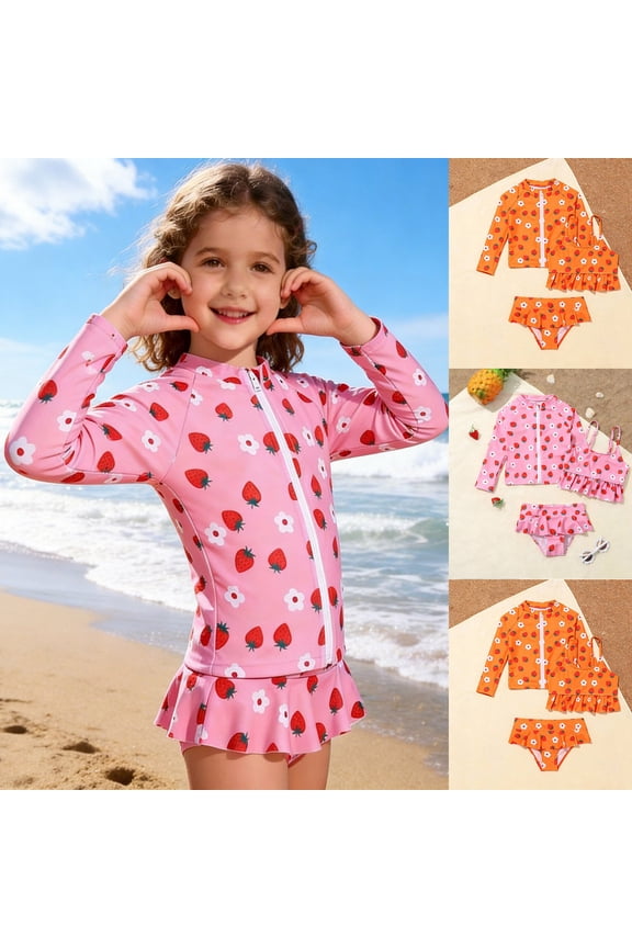 Ruffle Butts Girls Swimsuits Two Pieces Adjustable Straps Girls Bathing Suit Quick Dry Color Block Girls Swimwear Tankini Ruched Cutout Bikini Set Padded Swimwear with Cover Up Skirt