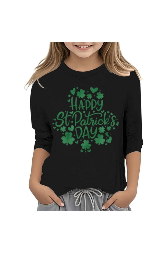 Saint Patricks Day 3/4 Length Sleeve Funny T Shirts Girls Crewneck Girls Shirts Green Shamrock Irish Tees Raglan Kid Irish Saint Tee Top