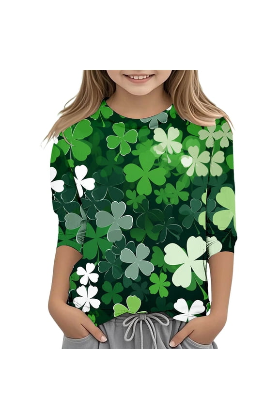 Saint Pattys Day 3/4 Sleeve Girls Tshirts Crew Neck Shirt for Girls Green Shamrock Irish Saint Tee Cute Summer Tee Shirts