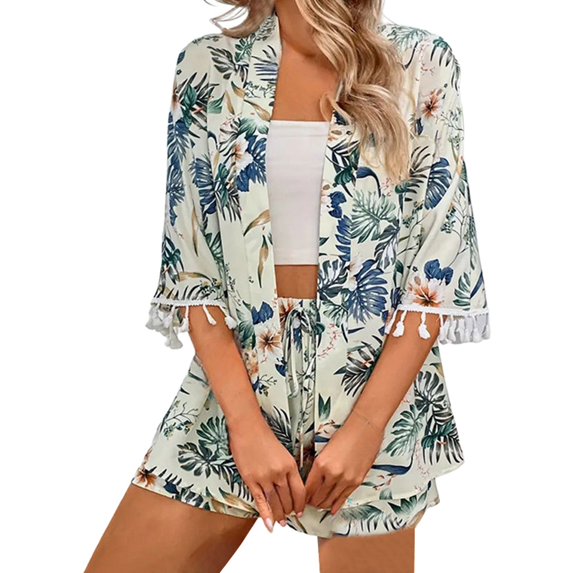 ibiyuan Short Sets Women 2 Piece Outfits Women's Printed Fringe Short Sleeve Two Piece Outfit Kimono Style Summer Beachwear Cover Up Set