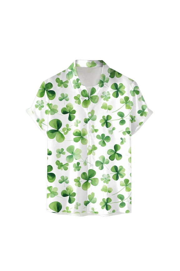 Slim Fit Dress Shirts for Men Saint Patricks Day Heart Shamrock Short Sleeve Shirts Green Button-Down Lapel Pullover Tops Spring Summer Pleated Tunic Tops