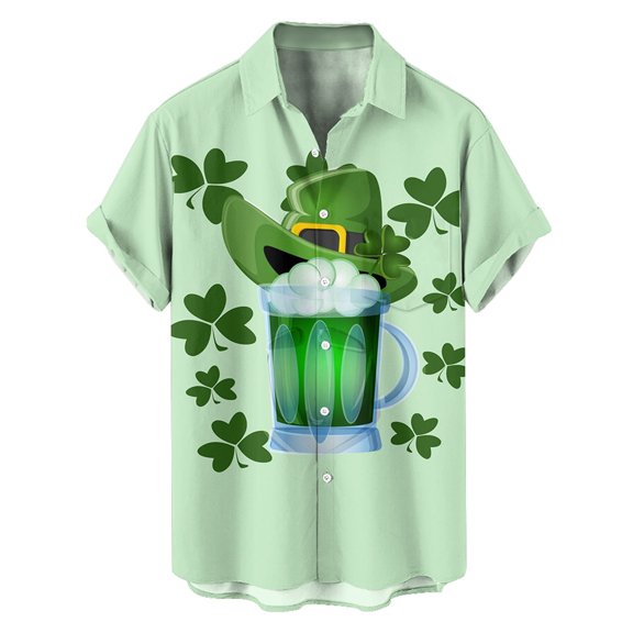 ibiyuan Slim Fit Dress Shirts for Men Saint Patricks Day Shamrock Casual Short Sleeve Green Button-Down Lapel Tee Tops Themed Party Disco Summer Beach