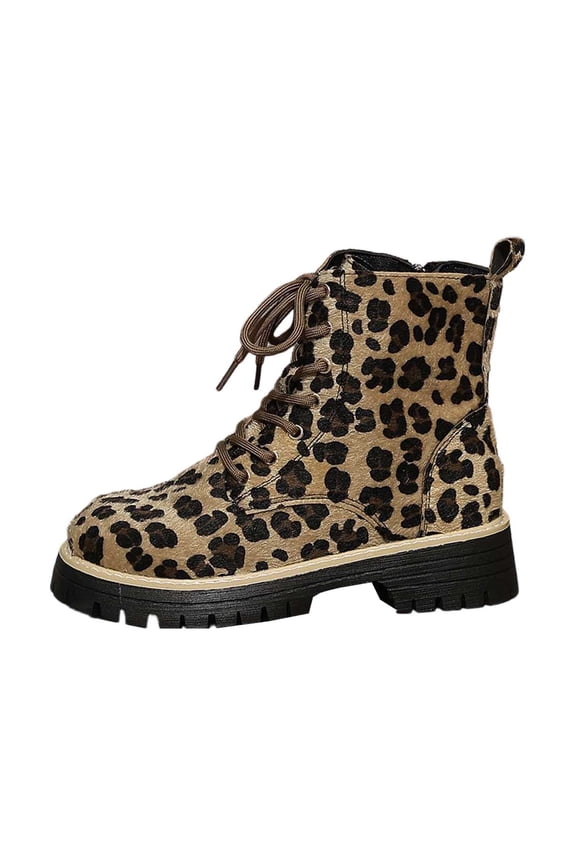 Snow Boots For Women Wide Stylish Retro Suede Leopard Print Lace Up Heel Ankle Winter Boots For Warm Non Outdoor Footwear,Brown