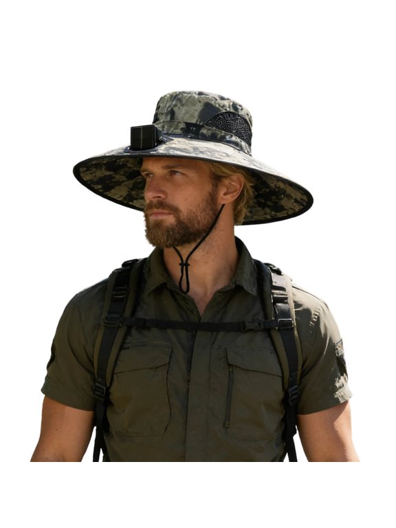 Solar Fan Hat Wide Brim Sun Hat Hat with Fans Solar Power Fishing Hats for Men Baseball Cap 2-In Hands-Free Hat Fan Mens Sun Hat for Outdoor Fishing, Camping, Hiking
