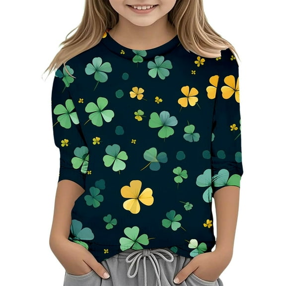 ibiyuan St Patricks Day 3/4 Sleeve Girls Shirt Crewneck Girls Shirts Size 7 Green Love Heart Clover Printed Irish Tees Girls Clothes