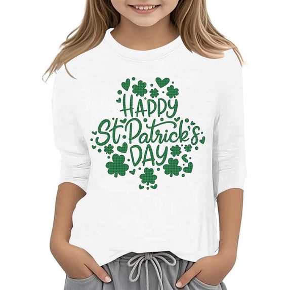 ibiyuan St Patricks Day 3/4 Sleeve Girls Shirts Size 8 Crewneck Shirt Girls Green Clover Shamrock Irish Tees Paddy's Day Graphic Tees Tops