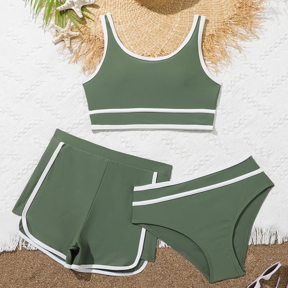 ibiyuan Summer Toddler Girl Swimsuit 3 Piece Ruffle Bathing Suit Adjustable Straps Ruched Color Block Teen Bikini Soft Rash Guard Tankini Set Swimwear with Cover Up Beach Skirt