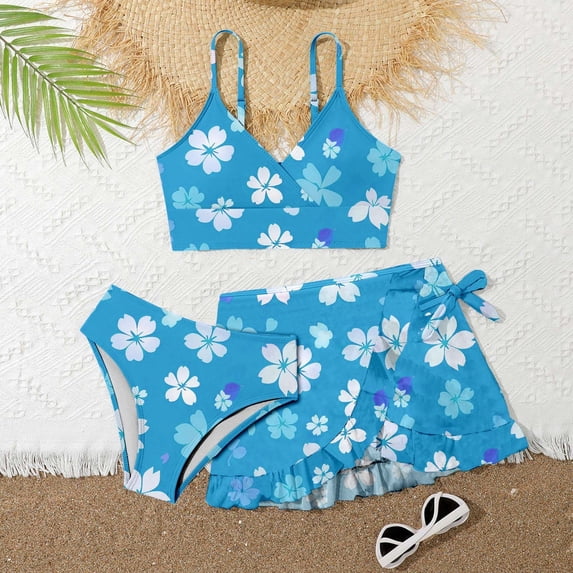 ibiyuan Summer Toddler Girl Swimsuit 3 Pieces 3t Bathing Suit Girl Adjustable Strap Contrast Bikini Sets Soft Cute Ruffle Tankini Set Girls Swimwear with Cover Up Skirt
