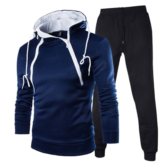 ibiyuan Sweat Suits Men Long Sleeve Pullover Hoodie and Pants Sweatshirt Tops Elastic Pants Jogger Walking Sets,Navy