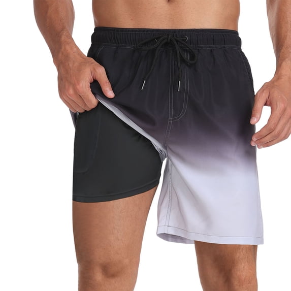 ibiyuan Swim Trunks Men with Boxer Mesh Liner Quick Dry Mens Bathing Suits 2 In 1 Beach Shorts Zipper Pockets High Visibility Funny Print Beach Swimwear,Black-C