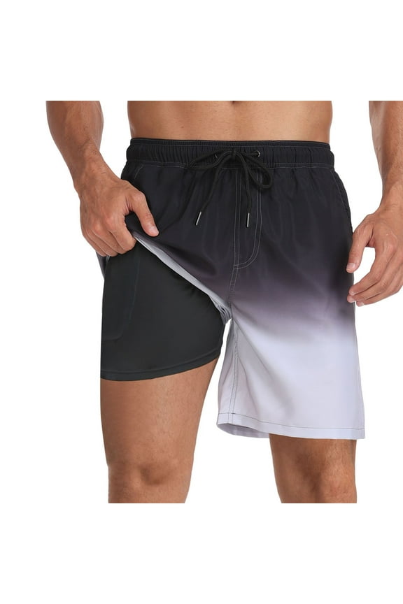 Swim Trunks Men with Boxer Mesh Liner Quick Dry Mens Bathing Suits 2 In 1 Beach Shorts Zipper Pockets High Visibility Funny Print Beach Swimwear,Black-C