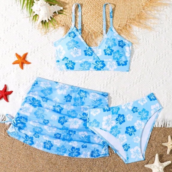 ibiyuan Swimsuits for Girls 3 Piece Bathing Suits Adjustable Straps Tankini with Shorts Cutout Bikini Sets for Girls Drawstring Bottoms Contrast Trim Modest Swimwear