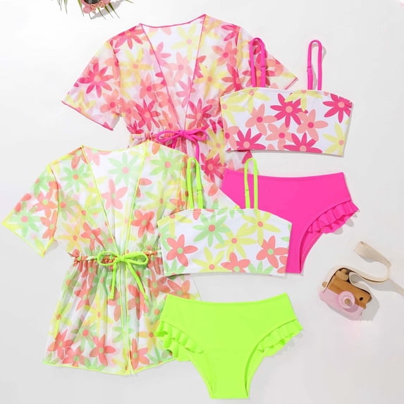 ibiyuan Girls Period Swimwear 3pcs Bathing Suit Girls Drawstring Bottoms Tropical Printed Girls' Bikini Sets Quick Dry Ruched Side Girls Tankini Swimsuit Modest Swimwear with Cover Up