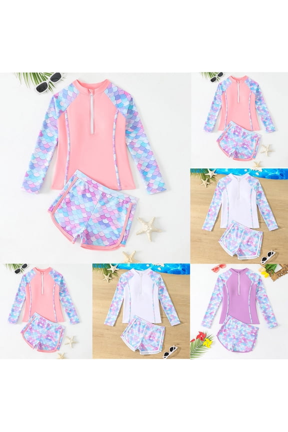Girls Period Swimwear Two Pieces Cover Up Slit Skirt Ruffle Bathing Suit Soft Color Block Girls Swimwear Tankini Cute Ruffle Rash Guard Bikini Girls Swimwear with Cover Up Skirt