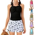 thumbnail image 1 of ibiyuan Girls Period Swimwear Two Pieces Drawstring Girls Bathing Suit Comfortable Cute Pattern Print Girls Swimwear Tankini Modest Ruched Ribbed Bikini Sets Swimwear with Cover Up Skirt, 1 of 6