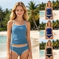 thumbnail image 1 of ibiyuan Girls Period Swimwear Two Pieces Spaghetti Strap Padded Bathing Suits Comfortable Contrast Trim Tankini Ruffle Ruched Cutout Bikini Set Girls Swimwear with Cover Up Skirt, 1 of 6