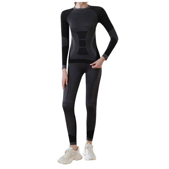 ibiyuan Thermal Long Sleeve Women Sports Set Female Autumn And Winter Fitness Cycling Ski Wear High Elastic Breathable Quick Drying Yoga Wear Color Matching Slimming Clothing,Black