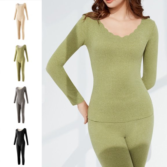 ibiyuan Thermal Sets For Women Women's Autumn And Winter Fashion Seamless Thermal Underwear Set Thick Round Neck Solid Color Heat Tight Set,Black